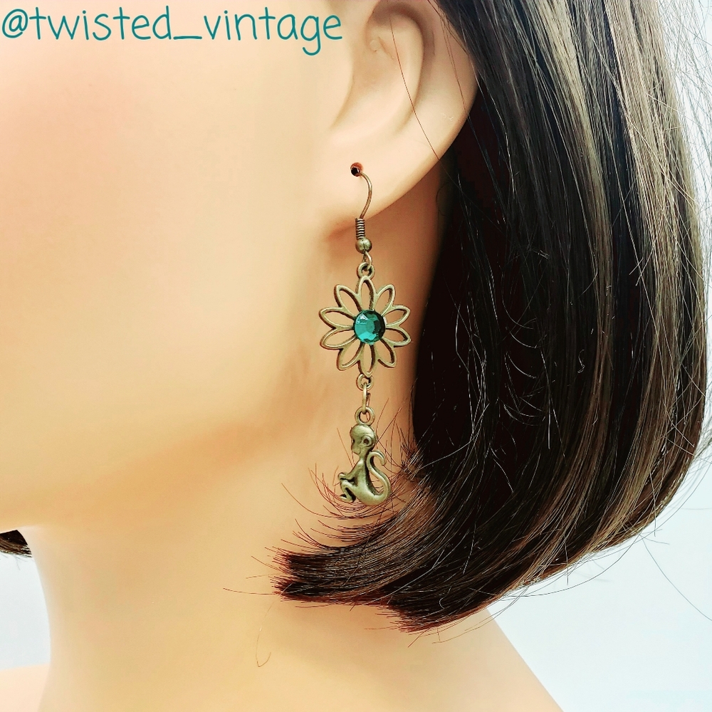 Monkey Flower Hunter Green Rhinestone Earrings, Evergreen Tropical Jungle